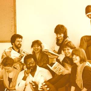 The staff of the Playwrights Union, posing for the annual Christmas card. Back from from L to R: Dave; Glenda MacFarlane; Gay Revell (Executive Director); David Demchuk. Front Row, L to R: Beth French; Winston Smith; Laurie Rossiter; Vickie (book designer).